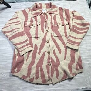 Lush Pink Cream Zebra Print‎ Knit Shacket Button Front Sweater Shirt Size M